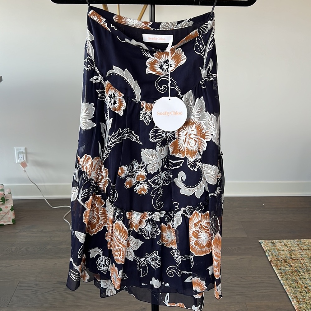 Cloture shop See by Chloe Silk skirt dark blue and metallic silver brown